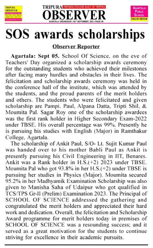 Tripura Observer report: SOS awards scholarships to meritorious students
