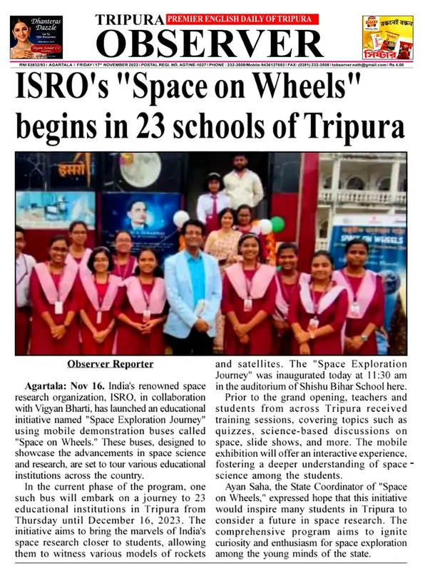 Tripura Observer — ISRO's Space on Wheels begins in 23 schools of Tripura