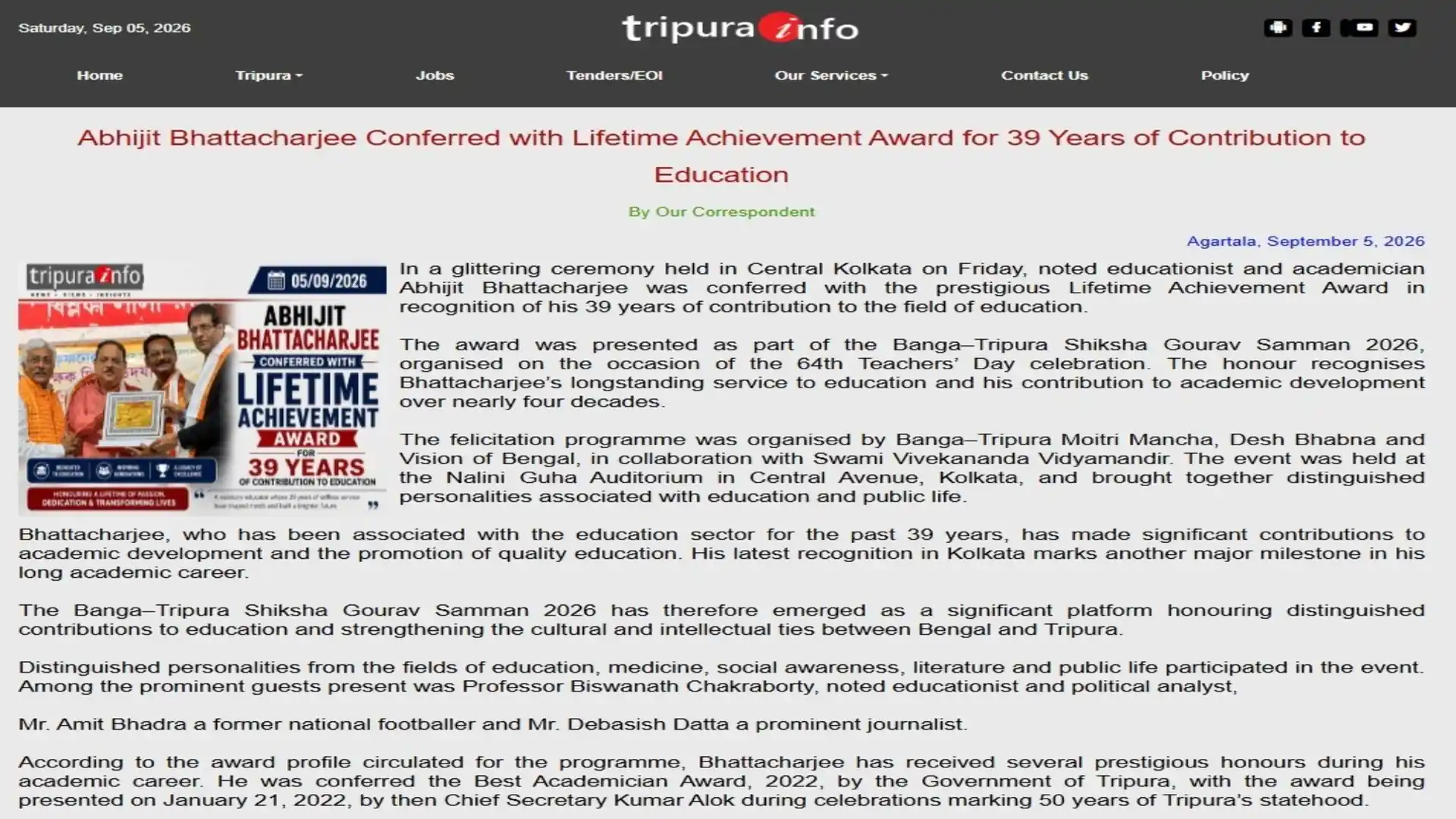 Tripura Info — Abhijit Bhattacharjee conferred Lifetime Achievement Award for 39 years in education