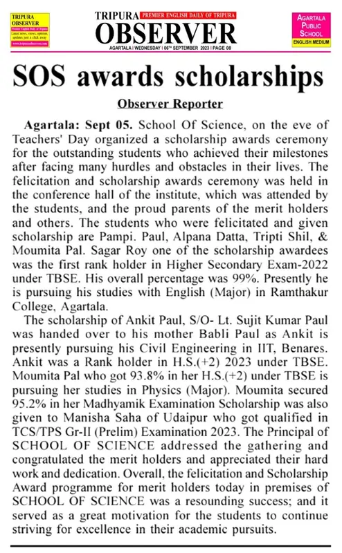 Tripura Observer — SOS awards scholarships on Teachers' Day