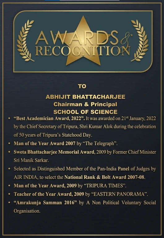 Awards & Recognition conferred on Abhijit Bhattacharjee, Chairman & Principal, School of Science