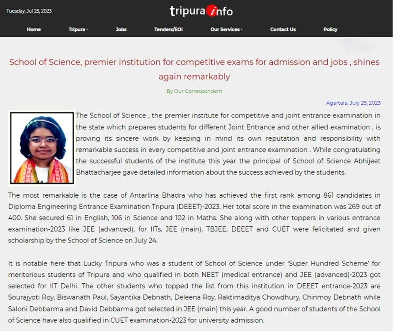 Tripura Info article on School of Science students' entrance exam success